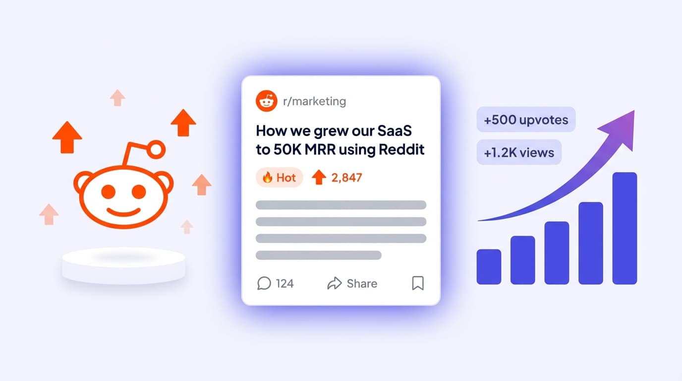 Reddit marketing strategy 2026 illustration showing the Reddit Snoo logo, a viral post, and a growth chart