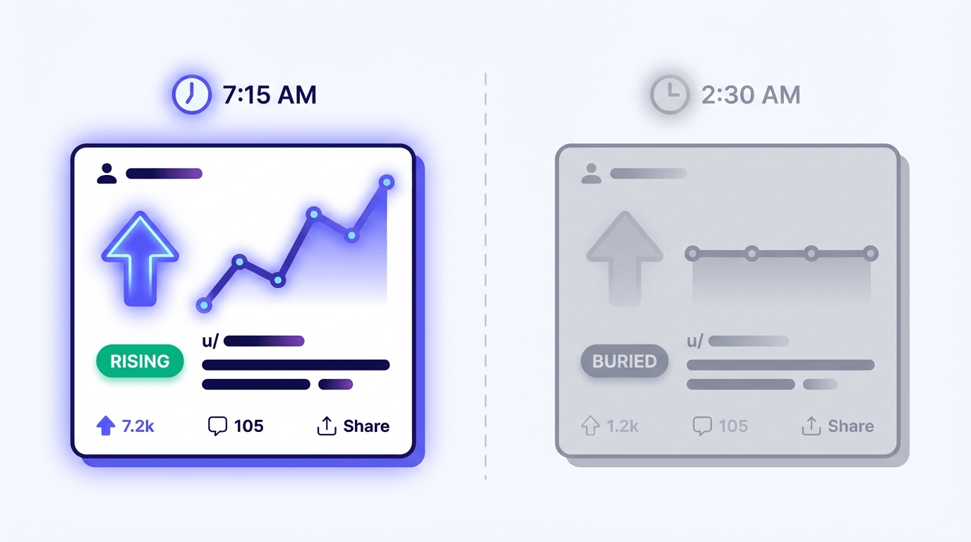 Side-by-side comparison of a Reddit post rising at 7:15 AM versus getting buried at 2:30 AM